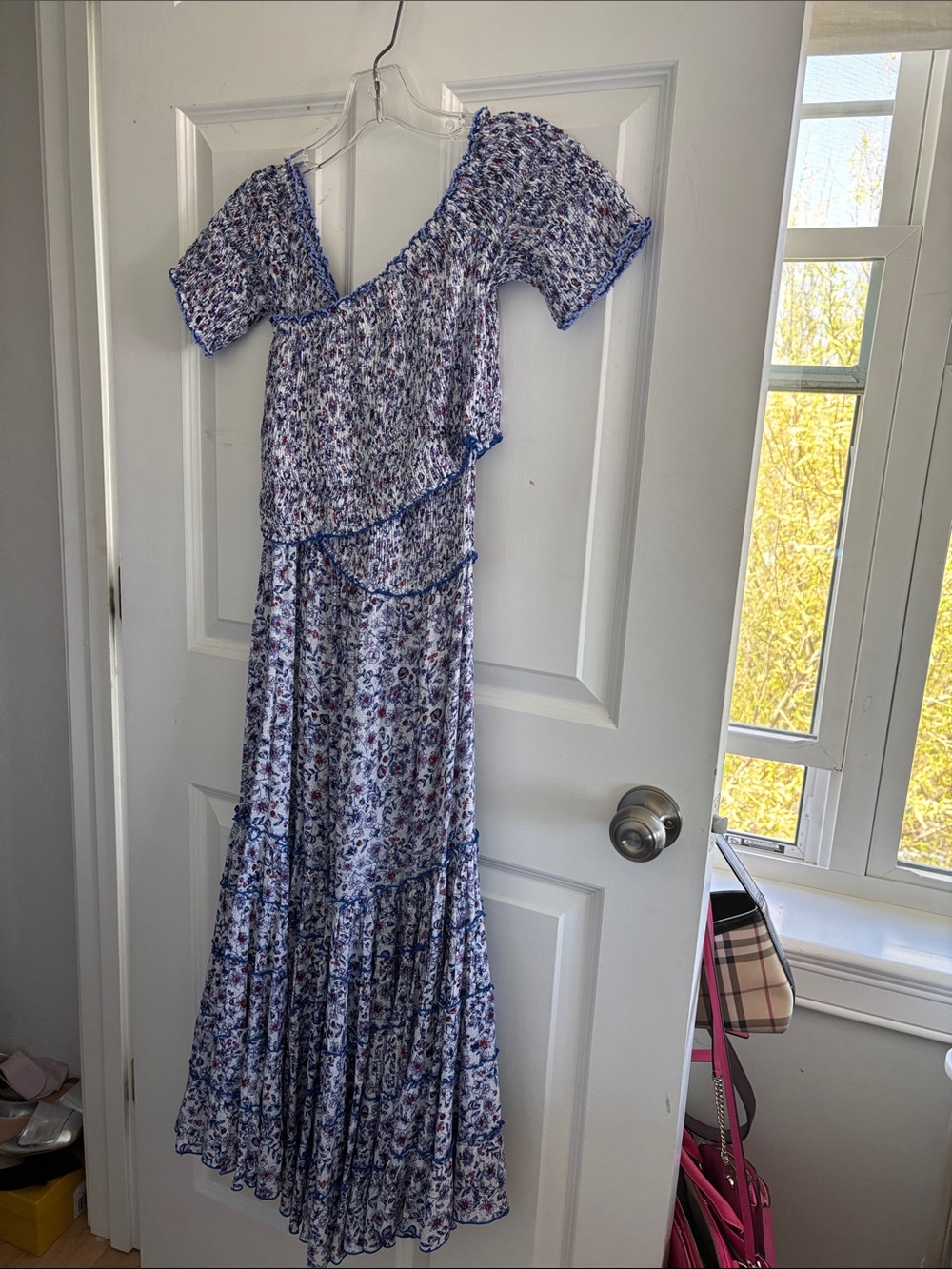 Poupette St. Barth Blue and White Floral Midi Dress with Ruffle Trim